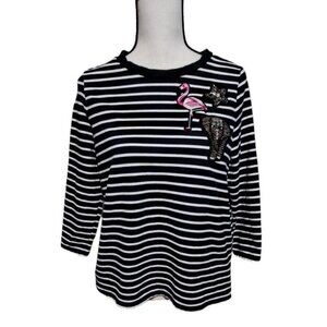 Crown & Ivy Blue White Stripe 3/4 Sleeve Elephant Flamingo Knit Top Size Large P